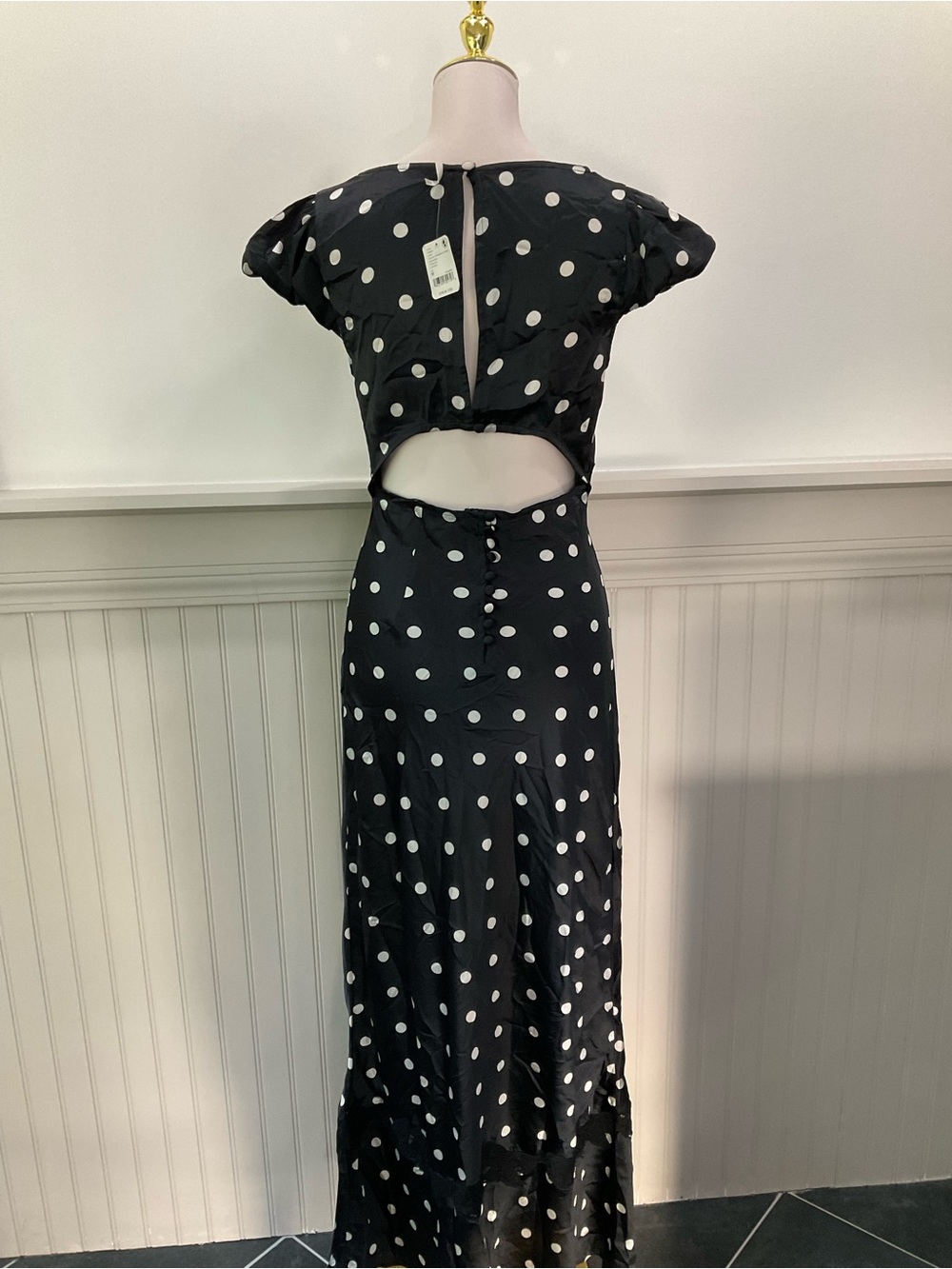 Free People Black Polka Dot Satin Lace Maxi Dress Open Back M NWT - Picture 5 of 6